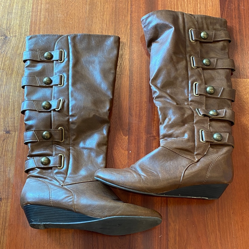 Madden Girl Brown Knee High Boots with Buckles